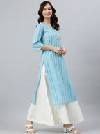 Indian Clothing Janasya Women's Blue Cotton Striped Casual Straight kurta | Grocsy