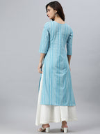 Indian Clothing Janasya Women's Blue Cotton Striped Casual Straight kurta | Grocsy