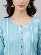 Indian Clothing Janasya Women's Blue Cotton Striped Casual Straight kurta | Grocsy