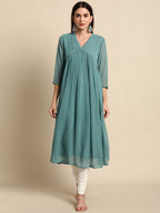Indian Clothing Janasya Women's Green Poly Chiffon Self Design Casual Flared kurta | Grocsy