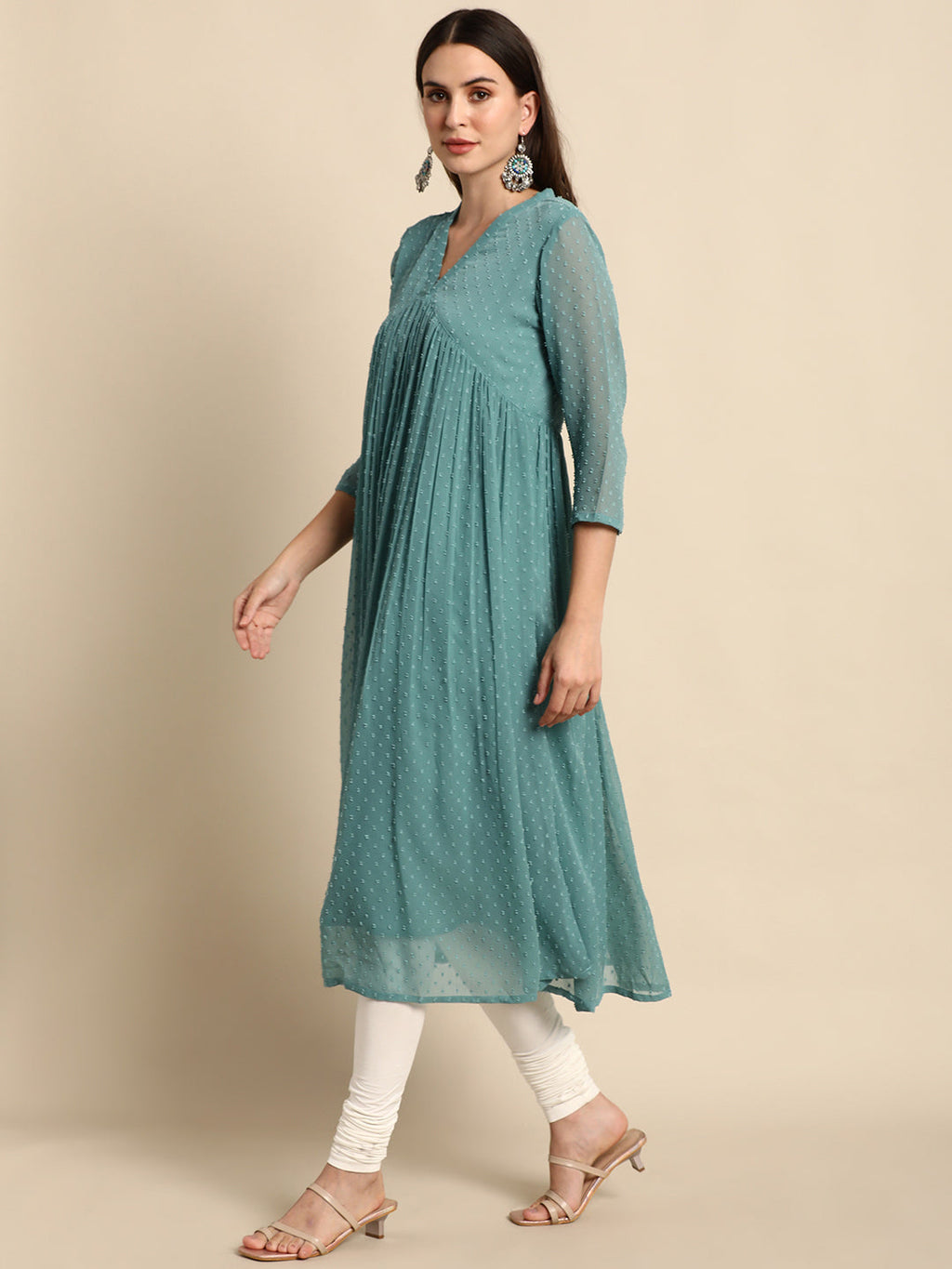 Janasya Women's Green Poly Chiffon Self Design Flared Western Dress | Grocsy