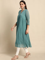 Janasya Women's Green Poly Chiffon Self Design Flared Western Dress | Grocsy
