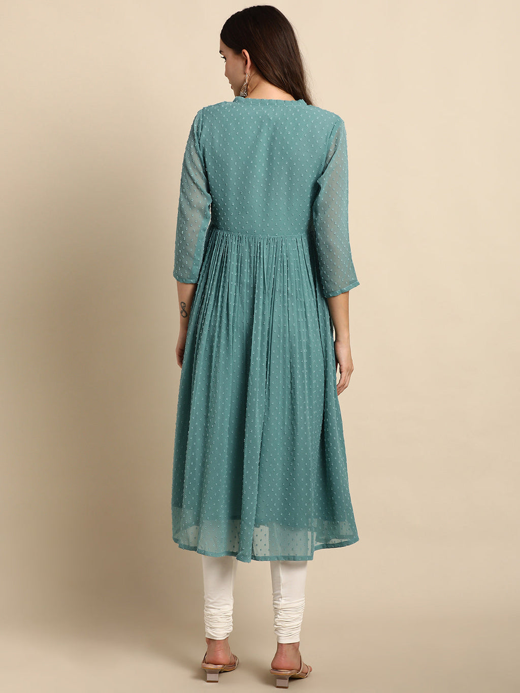 Janasya Women's Green Poly Chiffon Self Design Flared Western Dress | Grocsy