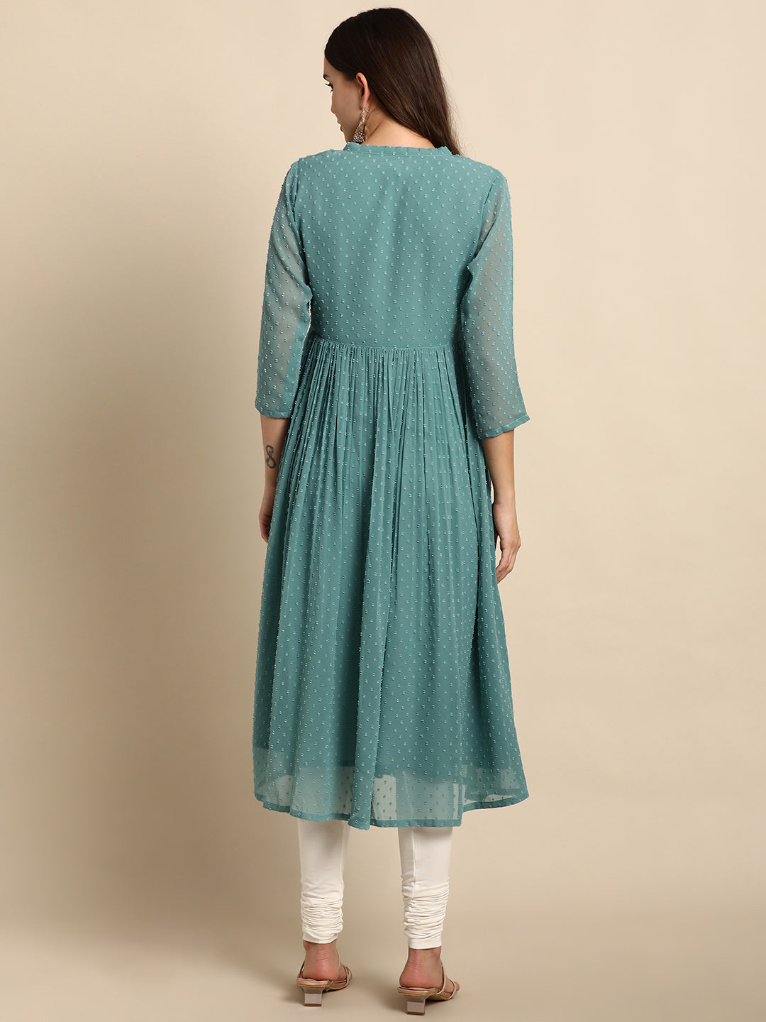 Janasya Women's Green Poly Chiffon Self Design Flared Western Dress | Grocsy