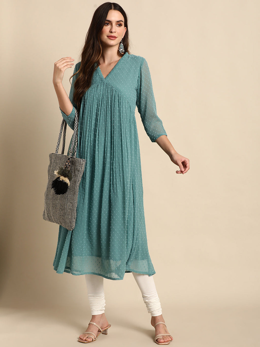 Janasya Women's Green Poly Chiffon Self Design Flared Western Dress | Grocsy