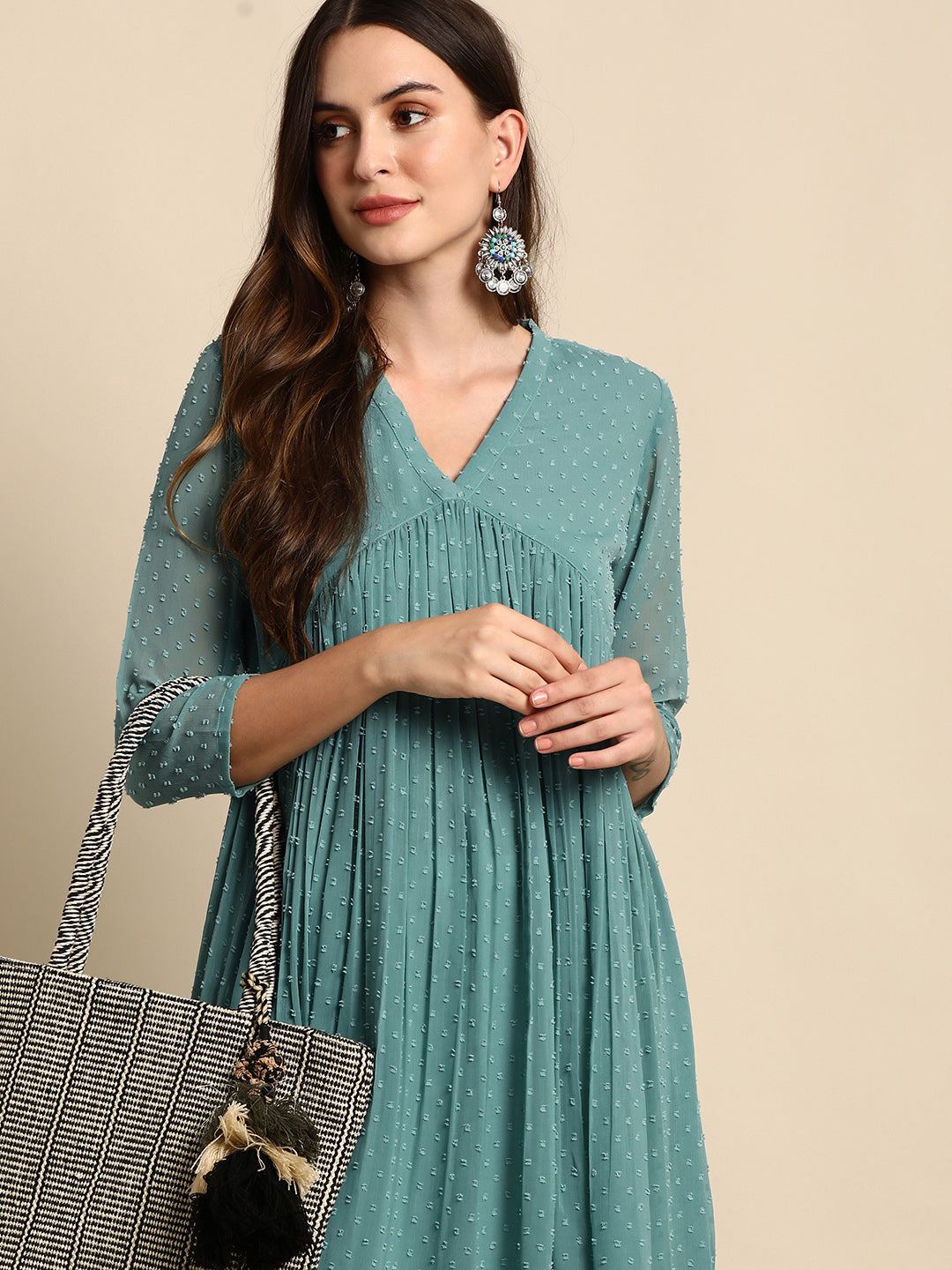 Janasya Women's Green Poly Chiffon Self Design Flared Western Dress | Grocsy