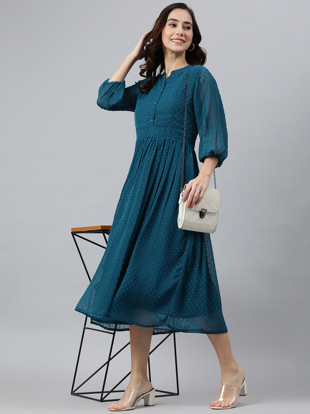 Janasya Women's Teal Poly Chiffon Self Design Flared Western Dress | Grocsy