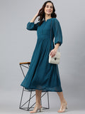 Janasya Women's Teal Poly Chiffon Self Design Flared Western Dress | Grocsy