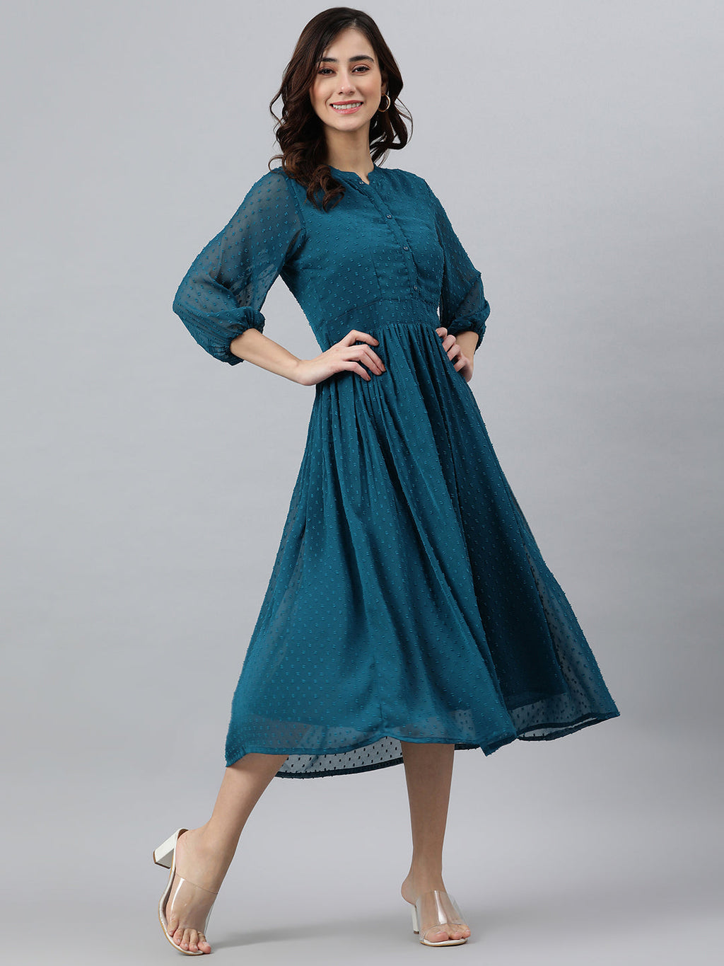 Janasya Women's Teal Poly Chiffon Self Design Flared Western Dress | Grocsy