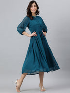 Indian Clothing Janasya Women's Teal Poly Chiffon Self Design Casual Flared kurta | Grocsy