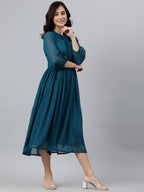 Janasya Women's Teal Poly Chiffon Self Design Flared Western Dress | Grocsy