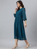 Janasya Women's Teal Poly Chiffon Self Design Flared Western Dress | Grocsy