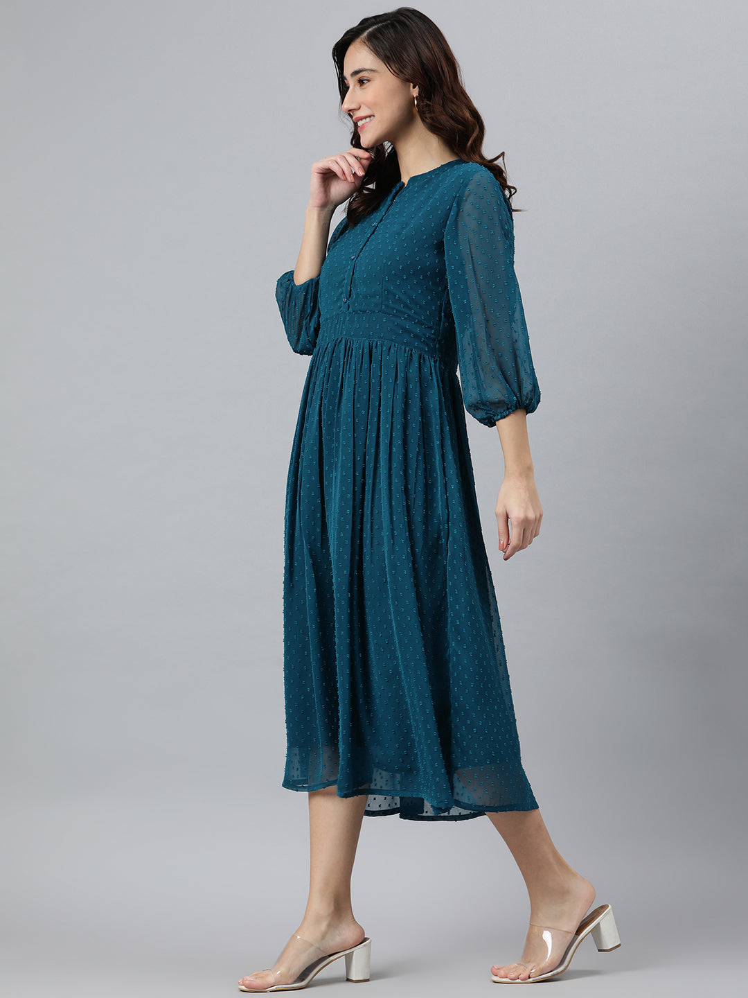 Indian Clothing Janasya Women's Teal Poly Chiffon Self Design Casual Flared kurta | Grocsy