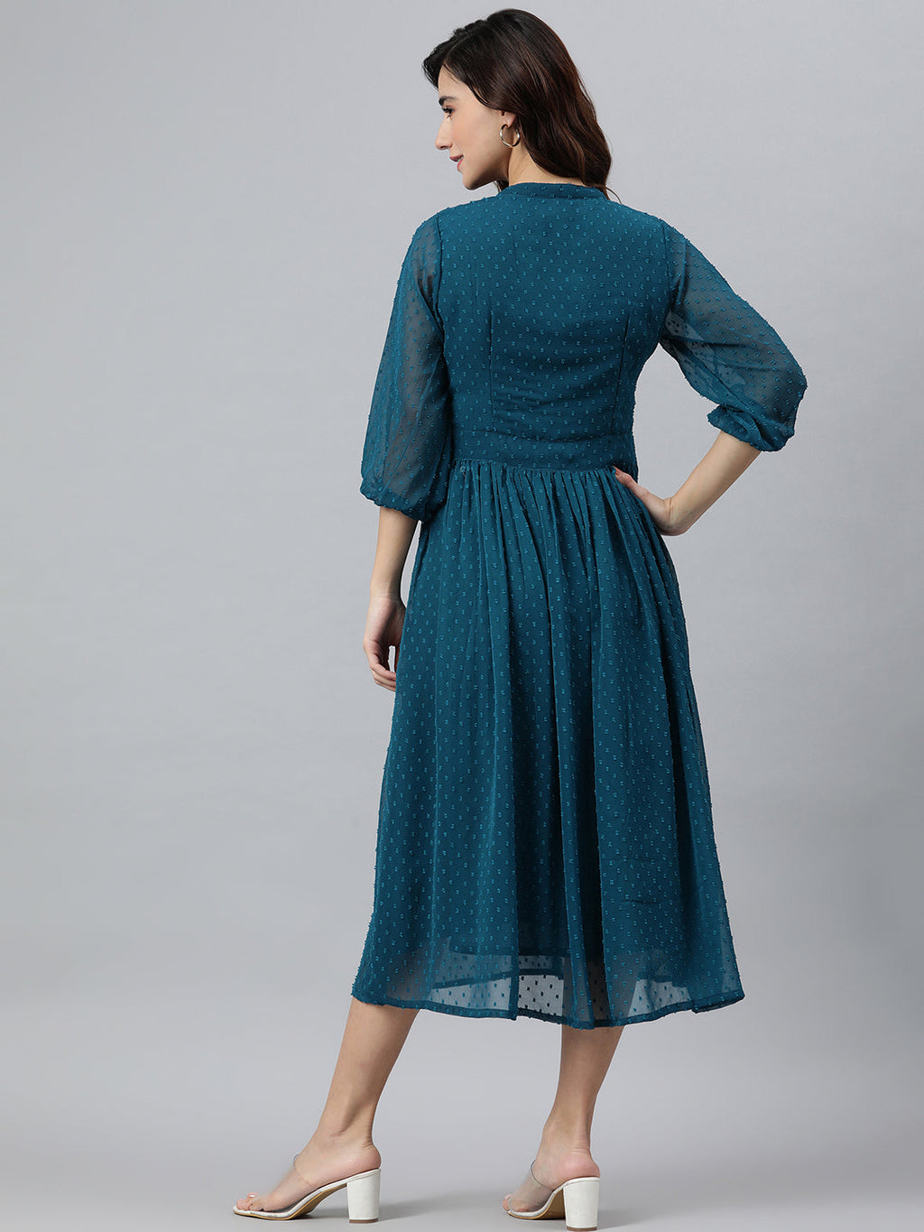 Janasya Women's Teal Poly Chiffon Self Design Flared Western Dress | Grocsy