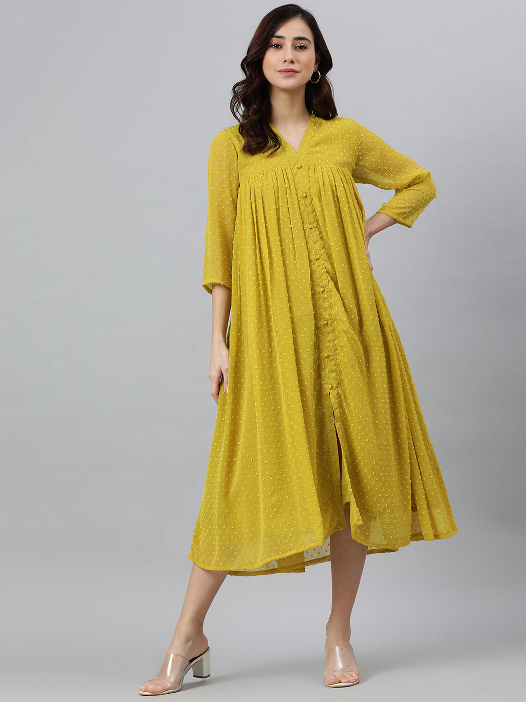 Janasya Women's Mustard Poly Chiffon Self Design Frontslit Western Dress | Grocsy
