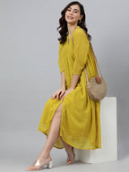 Janasya Women's Mustard Poly Chiffon Self Design Frontslit Western Dress | Grocsy