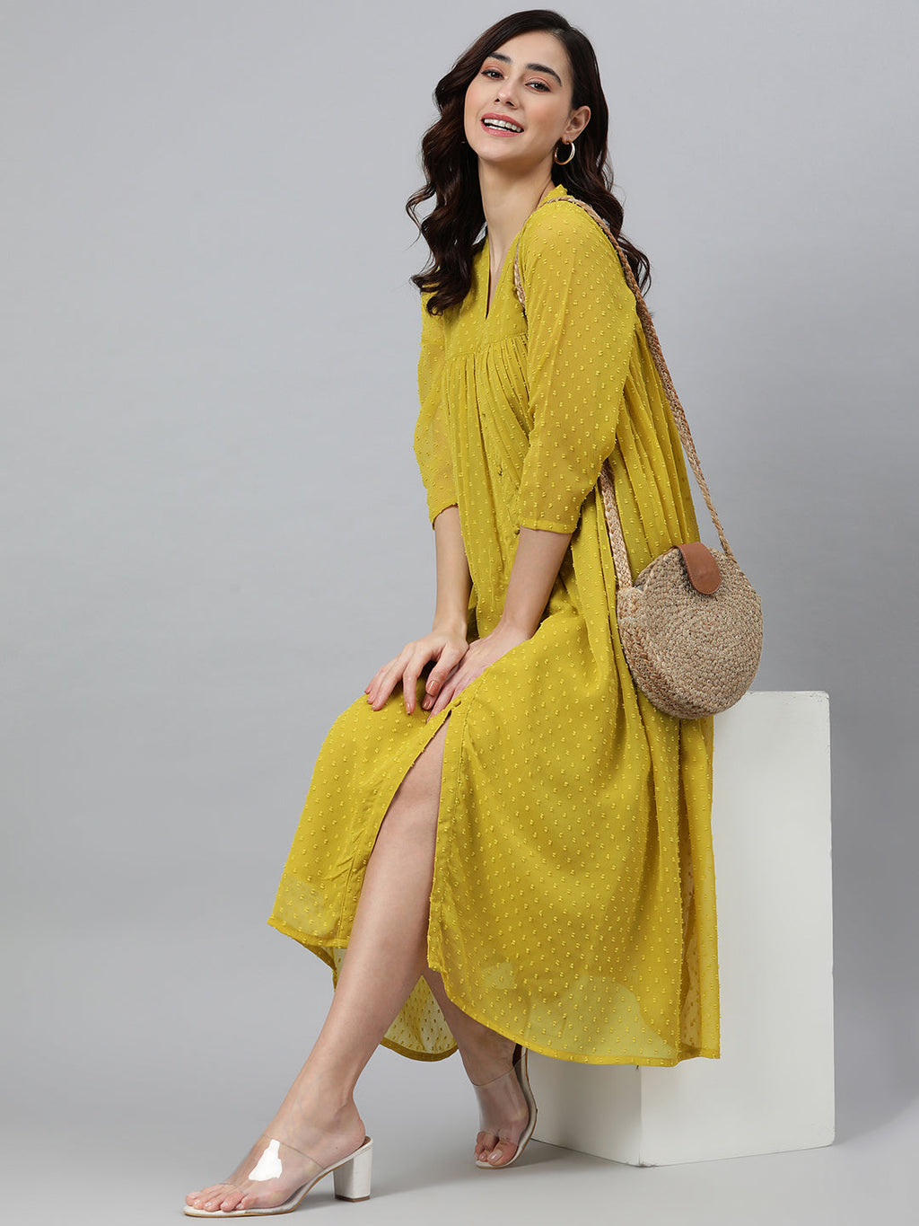 Janasya Women's Mustard Poly Chiffon Self Design Casual Frontslit kurta | Grocsy