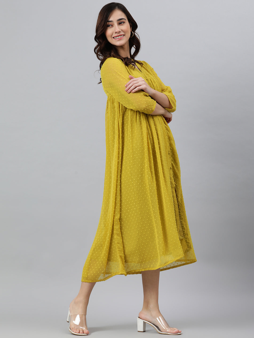Janasya Women's Mustard Poly Chiffon Self Design Frontslit Western Dress | Grocsy