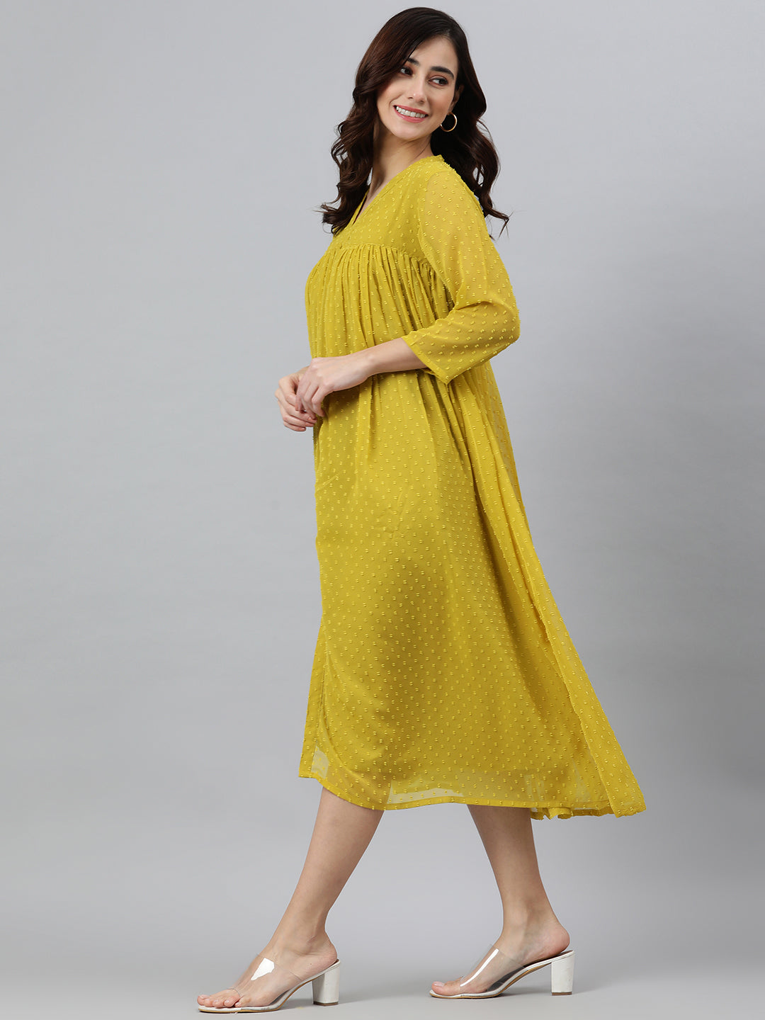 Janasya Women's Mustard Poly Chiffon Self Design Casual Frontslit kurta | Grocsy