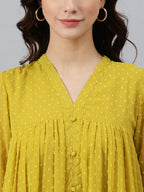 Janasya Women's Mustard Poly Chiffon Self Design Frontslit Western Dress | Grocsy