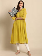 Janasya Mustard Poly Chiffon Self Design Frontslit Kurta | Grocsy
