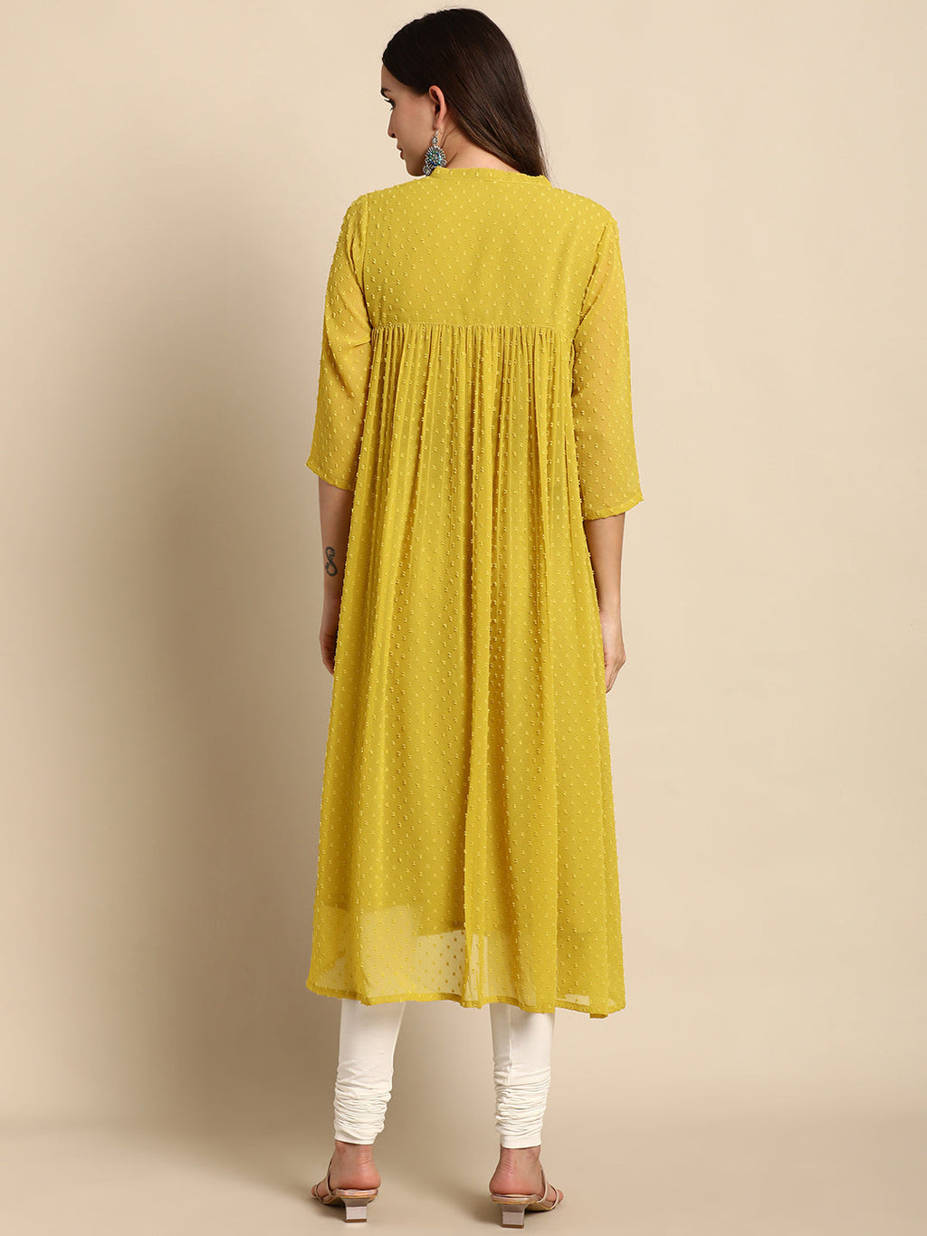Janasya Mustard Poly Chiffon Self Design Frontslit Kurta | Grocsy