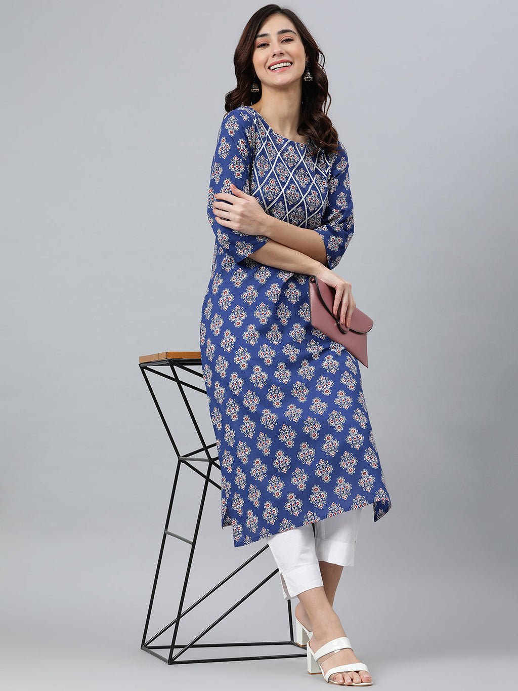 Indian Clothing Janasya Women's Blue Cotton Floral Printed Casual Straight kurta | Grocsy