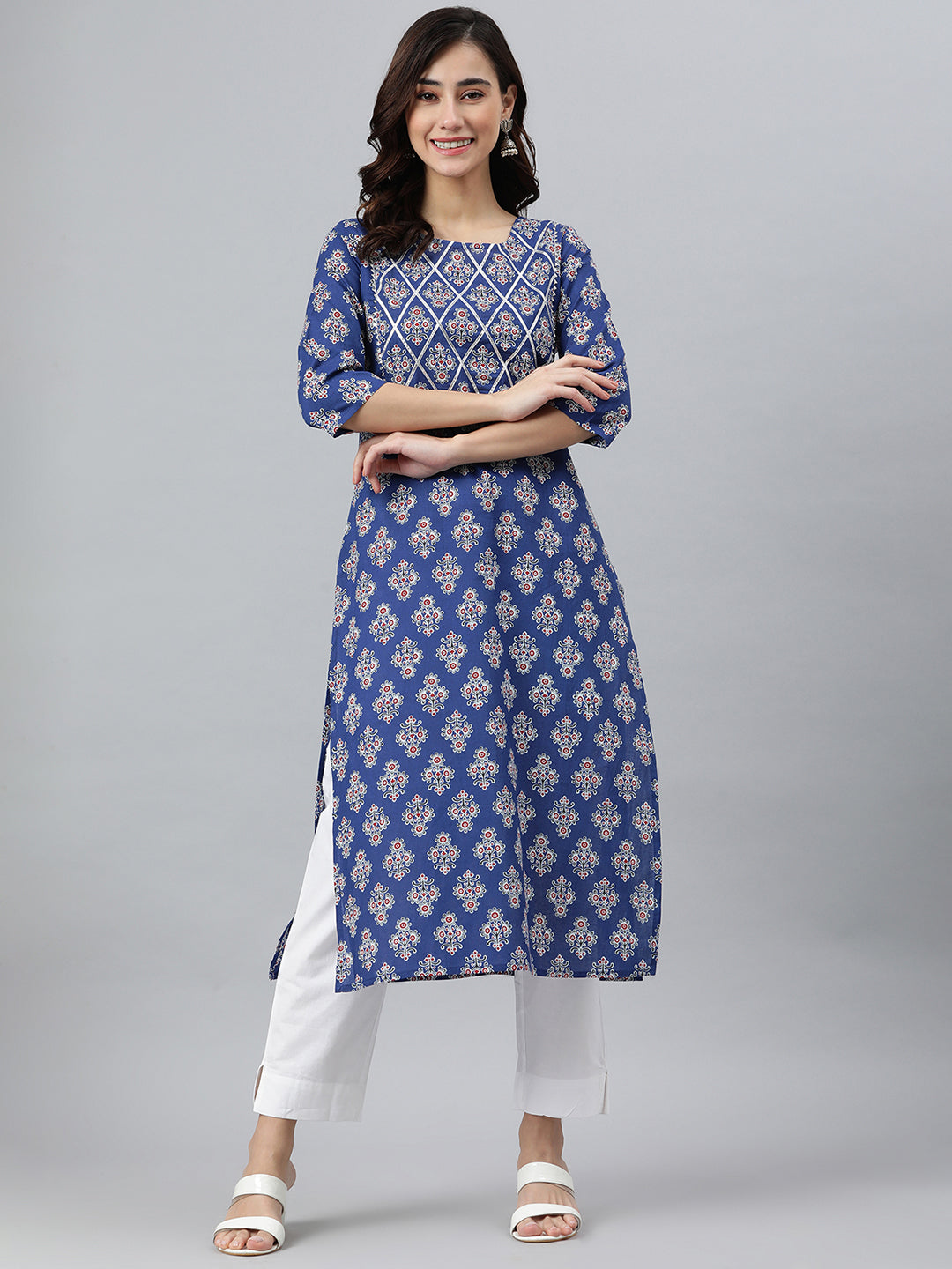 Indian Clothing Janasya Women's Blue Cotton Floral Printed Casual Straight kurta | Grocsy