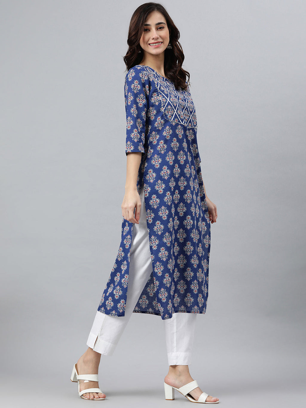 Indian Clothing Janasya Women's Blue Cotton Floral Printed Casual Straight kurta | Grocsy
