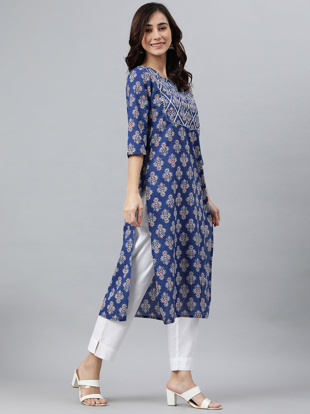 Indian Clothing Janasya Women's Blue Cotton Floral Printed Casual Straight kurta | Grocsy