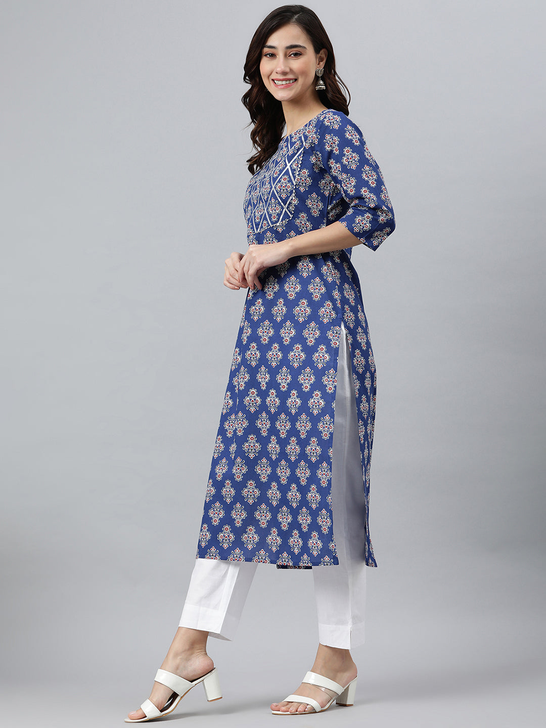 Indian Clothing Janasya Women's Blue Cotton Floral Printed Casual Straight kurta | Grocsy