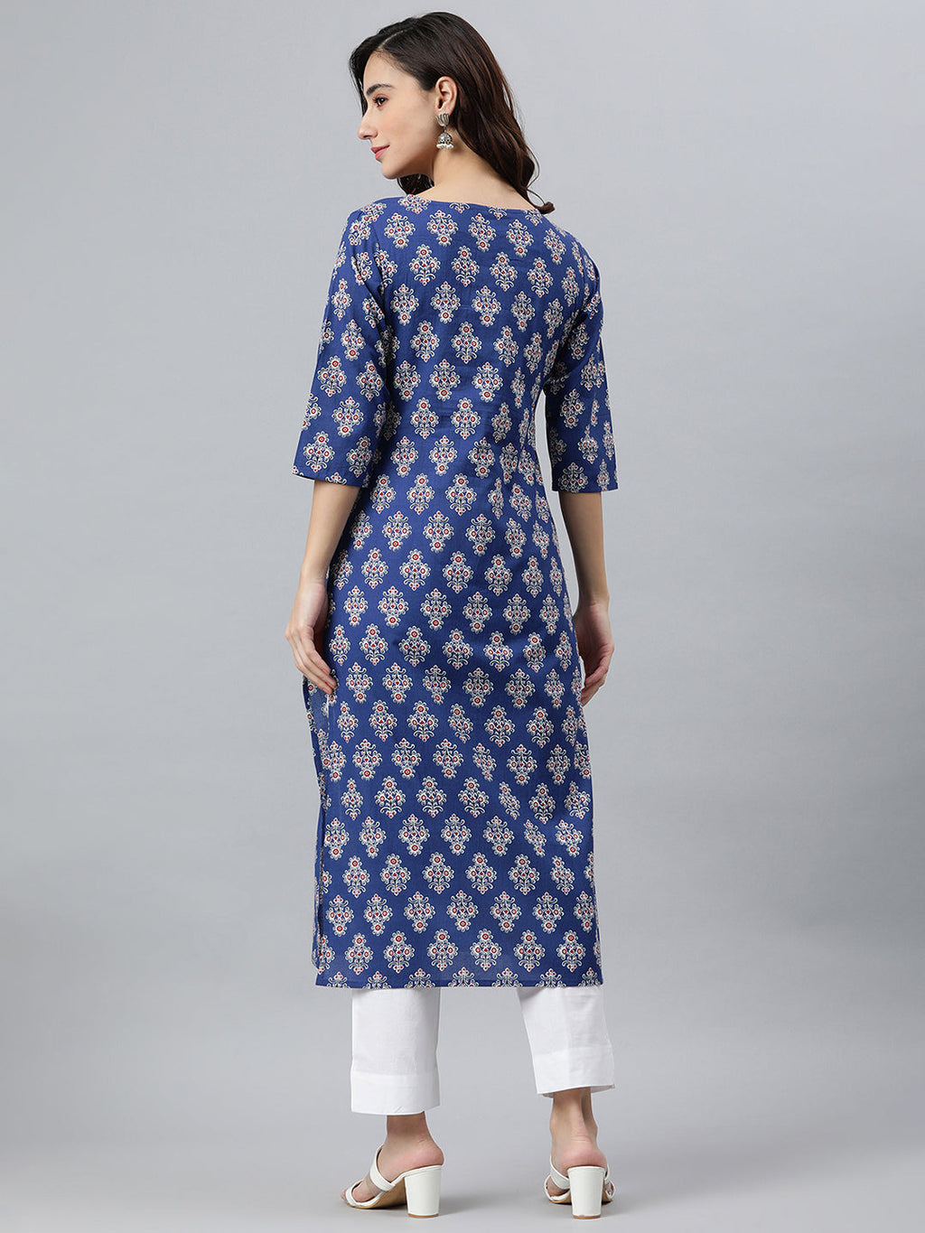 Indian Clothing Janasya Women's Blue Cotton Floral Printed Casual Straight kurta | Grocsy