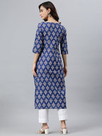 Indian Clothing Janasya Women's Blue Cotton Floral Printed Casual Straight kurta | Grocsy
