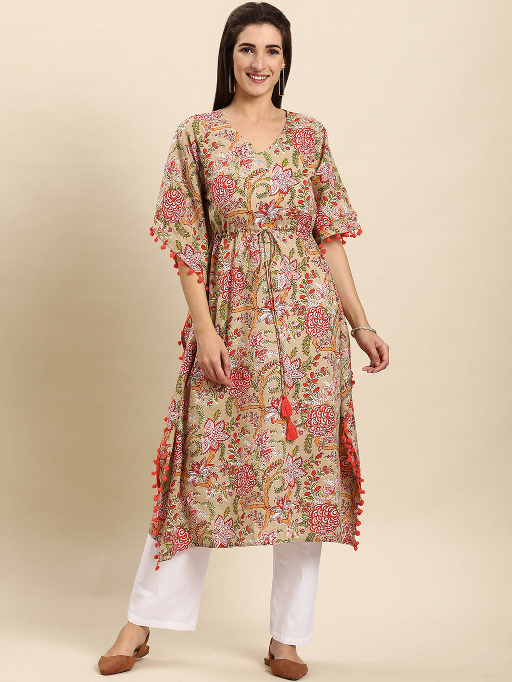 Janasya Women's Beige Cotton Floral Printed Casual Kaftan kurta | Grocsy