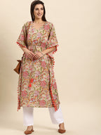 Janasya Women's Beige Cotton Floral Printed Casual Kaftan kurta | Grocsy