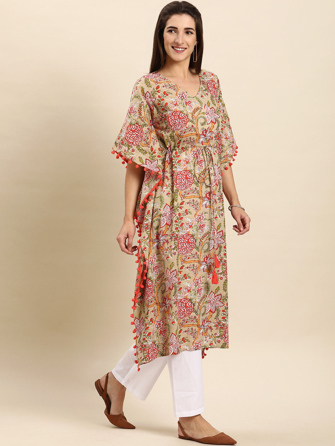Janasya Women's Beige Cotton Floral Printed Casual Kaftan kurta | Grocsy