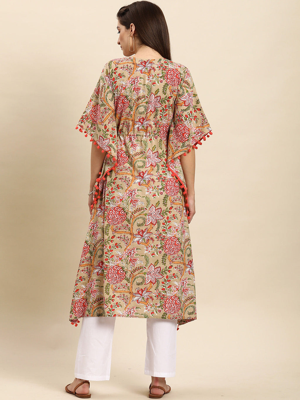 Janasya Women's Beige Cotton Floral Printed Casual Kaftan kurta | Grocsy