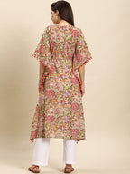 Janasya Women's Beige Cotton Floral Printed Casual Kaftan kurta | Grocsy