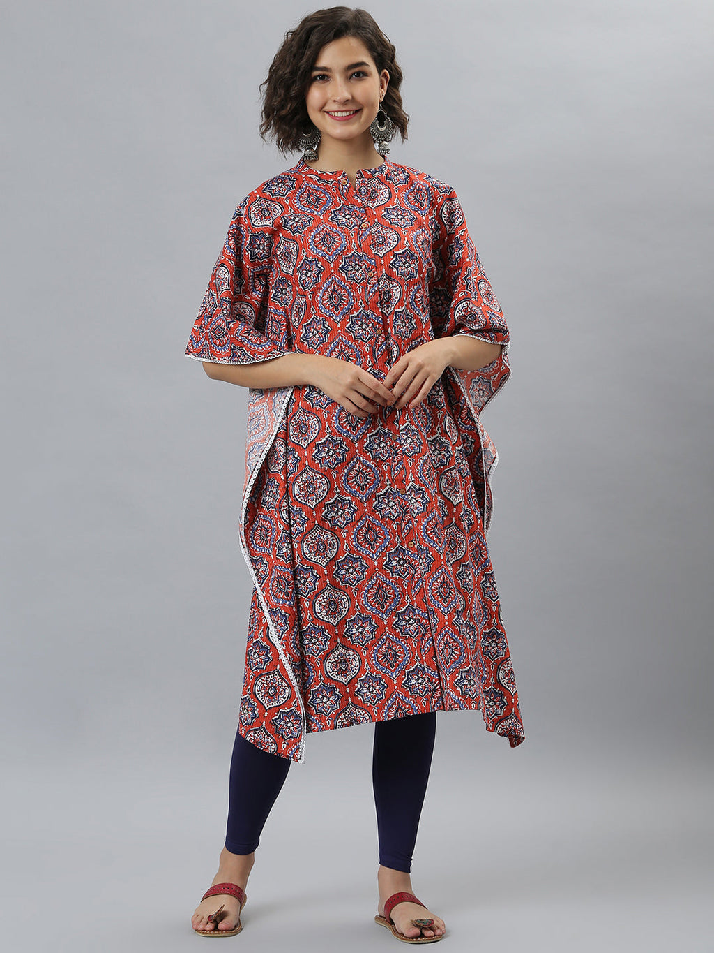 Janasya Women's Orange Cotton Floral Print Casual Kaftan Kurta | Grocsy