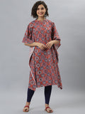Janasya Women's Orange Cotton Floral Print Casual Kaftan Kurta | Grocsy