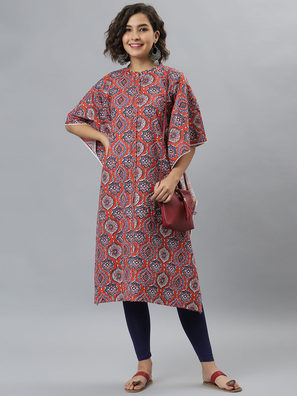 Janasya Women's Orange Cotton Floral Print Casual Kaftan Kurta | Grocsy