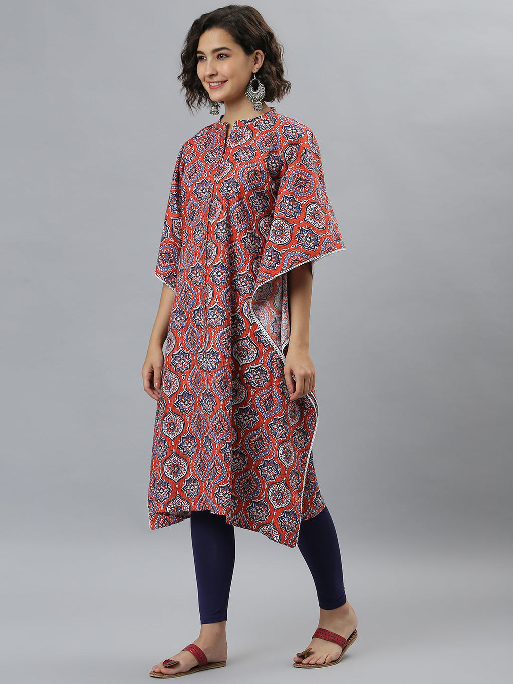 Janasya Women's Orange Cotton Floral Print Casual Kaftan Kurta | Grocsy