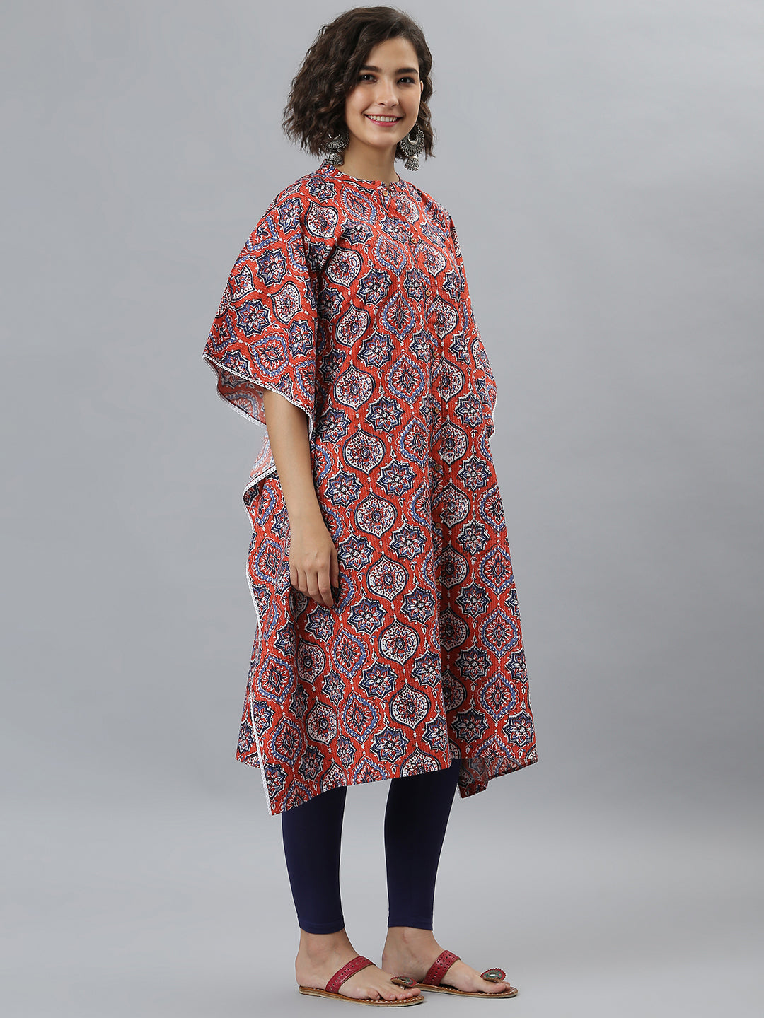 Janasya Women's Orange Cotton Floral Print Casual Kaftan Kurta | Grocsy