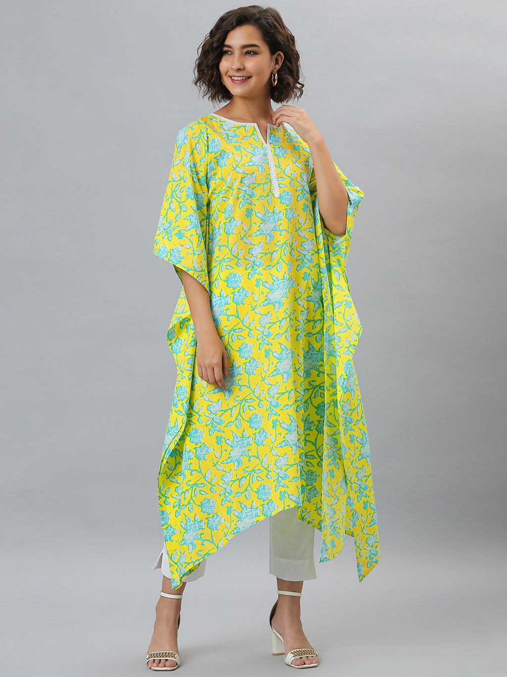 Janasya Women's Yellow Cotton Floral Print Casual Kaftan Kurta | Grocsy