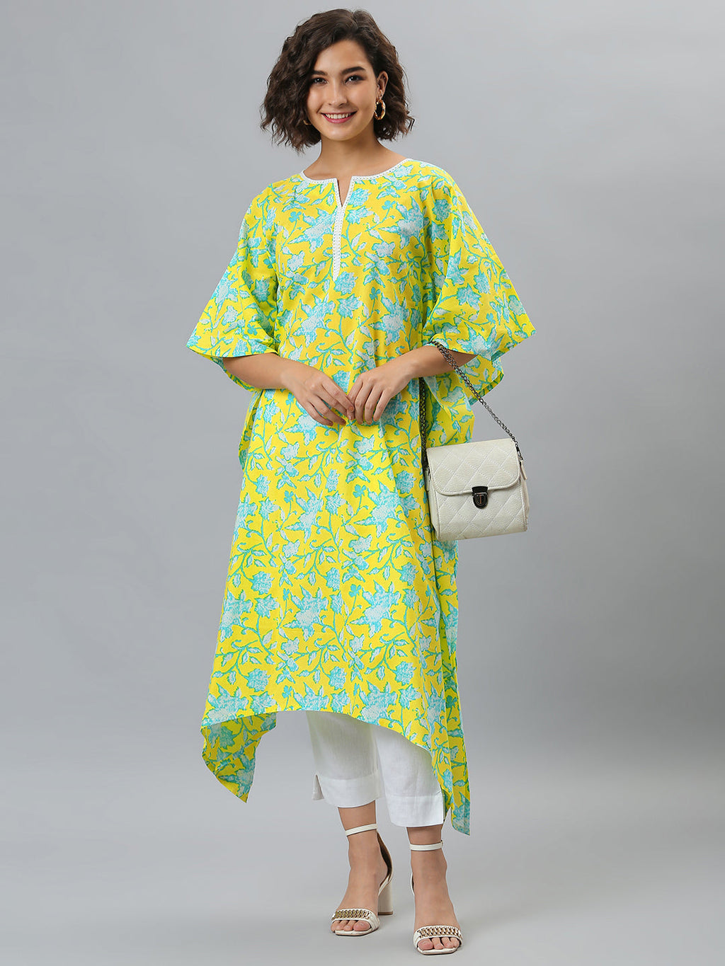 Janasya Women's Yellow Cotton Floral Print Casual Kaftan Kurta | Grocsy