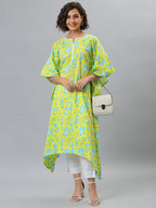 Janasya Women's Yellow Cotton Floral Print Casual Kaftan Kurta | Grocsy