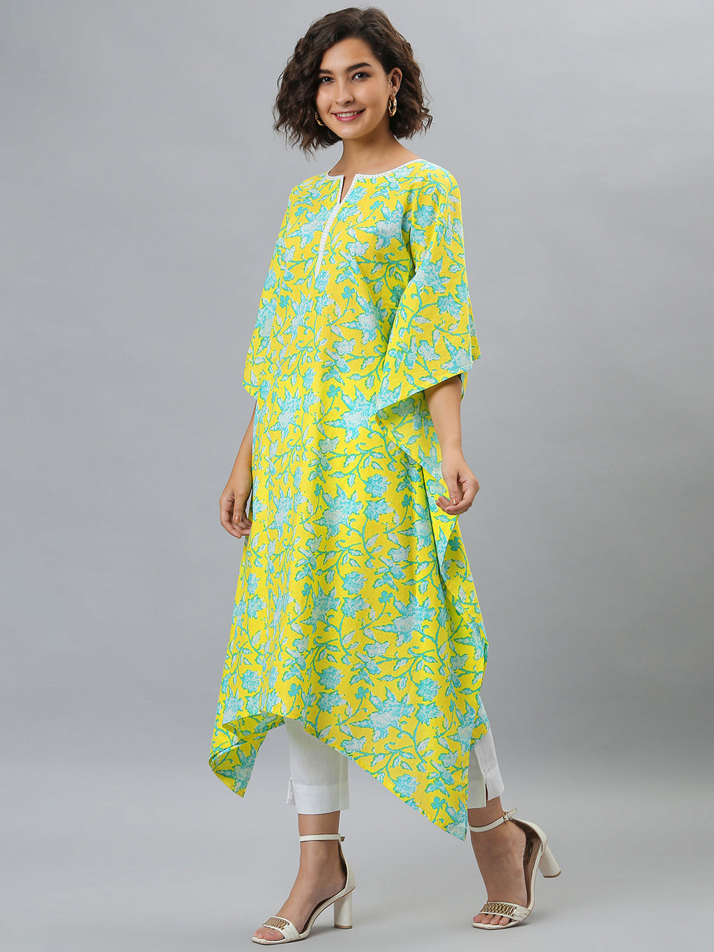 Janasya Women's Yellow Cotton Floral Print Casual Kaftan Kurta | Grocsy