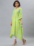Janasya Women's Yellow Cotton Floral Print Casual Kaftan Kurta | Grocsy