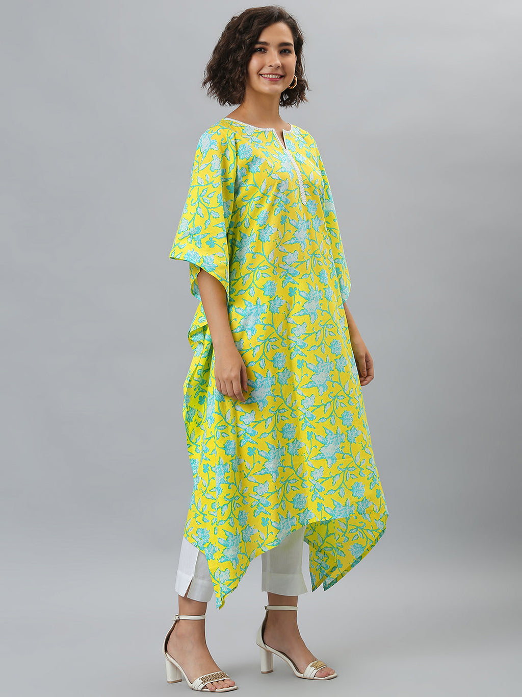 Janasya Women's Yellow Cotton Floral Print Casual Kaftan Kurta | Grocsy