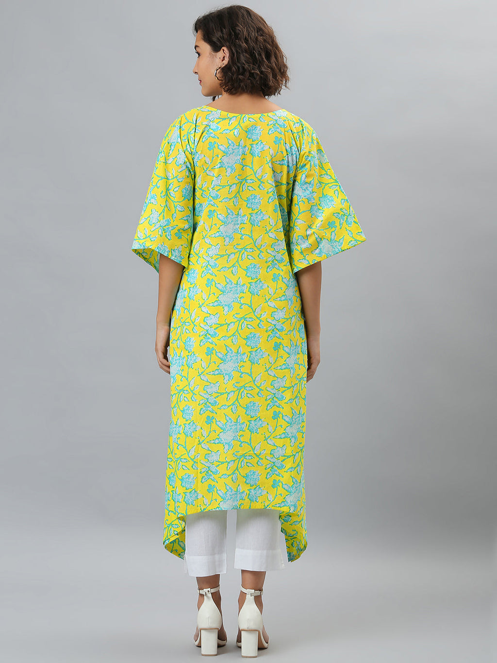 Janasya Women's Yellow Cotton Floral Print Casual Kaftan Kurta | Grocsy